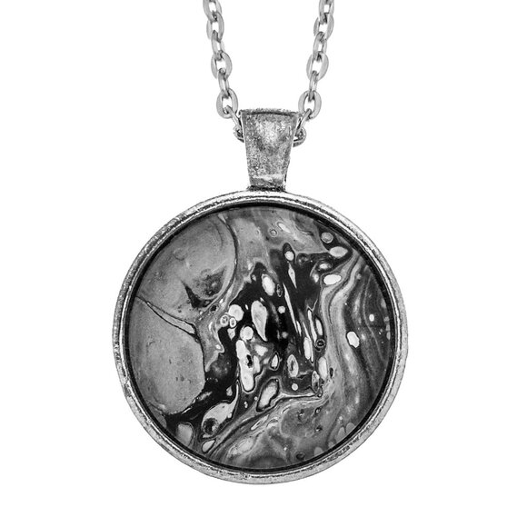Round Fluid Art Pendant & Necklace White & Black - Picture 1 of 1